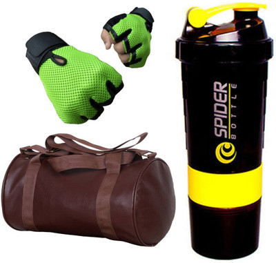 

Snipper Combo Of Leatherite Brown Gym Bag , Green Gloves and Yellow Spider Shaker Gym & Fitness Kit