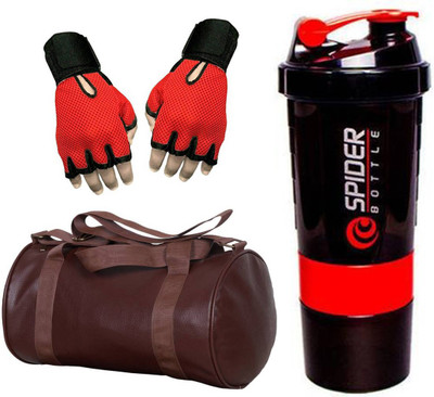 

Snipper Combo Of Leatherite Brown Gym Bag ,Red Gloves and Red Spider Shaker Gym & Fitness Kit