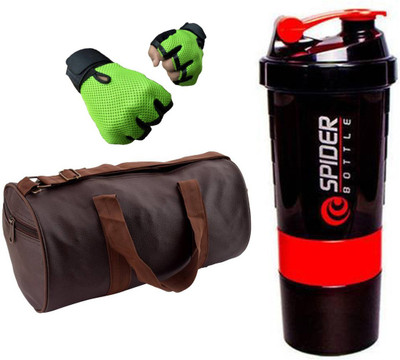 

Snipper Combo Of Leatherite Brown Gym Bag , Green Gloves and Red Spider Shaker Gym & Fitness Kit