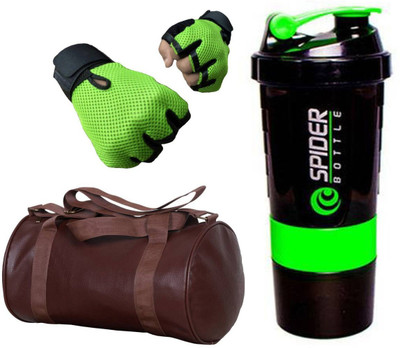 

Snipper Combo Of Leatherite Brown Gym Bag , Green Gloves and Green Spider Shaker Gym & Fitness Kit