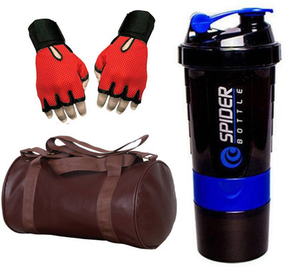 

Snipper Combo Of Leatherite Brown Gym Bag , Red Gloves and Purple Spider Shaker Gym & Fitness Kit