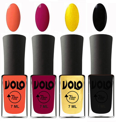 

Volo Ultra Lasting HD Shine Awesome Nail Polish Combo Neon Orange, Magnta, Metallic Light Golden, Black(Pack of 4)
