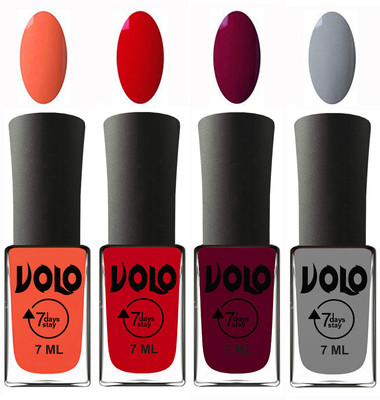 

Volo Ultra Lasting HD Shine Awesome Nail Polish Combo Neon Orange, Blood Red, Wine Maroon, Light Grey(Pack of 4)