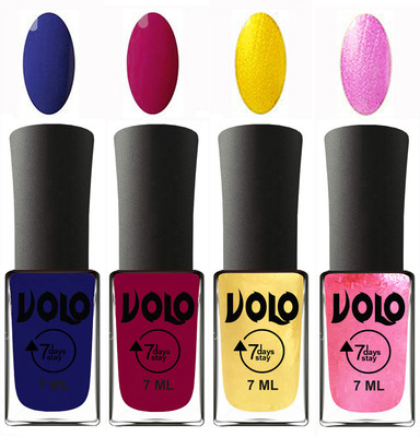 

Volo Ultra Lasting HD Shine Awesome Nail Polish Combo Navy Blue, Magnta, Metallic Light Golden, Metallic Pink(Pack of 4)