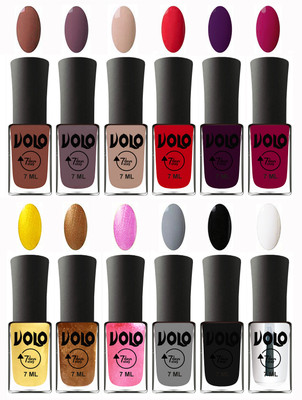 

Volo No Chipping-No Fading Longest Lasting Ever Nail Polish Set at Big Promotional Price Chocolate Brown, Light Purple, Light Nude, Redish Orange, Dark Wine, Magnta, Metallic Light Golden, Metallic Dark Golden, Metallic Pink, Light Grey, Black, Top Coat(P