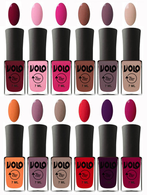 

Volo No Chipping-No Fading Longest Lasting Ever Nail Polish Set at Big Promotional Price Deep Maroon, Light Pink, Magnta, Chocolate Brown, Light Purple, Light Nude, Peach, Purple, Nude, Redish Orange, Dark Wine, Magnta(Pack of 12)