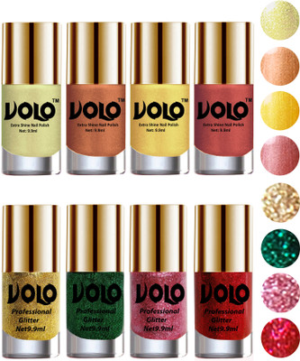 

Volo Long Lasting Glitter and HD Shine Nail Polish Combo Sets Golden Glitter, Dark Green Glitter, Pink Glitter, Red Glitter, Chrome Olive Green, Bronze Magnetic, Gold Chrome, Hot Lava(Pack of 8)