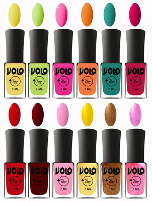 

Volo No Chipping-No Fading Longest Lasting Ever Nail Polish Set at Big Promotional Price Yellow, Parrot Green, Passion Pink, Orange, Radium Green, Passion Pink, Blood Red, Great Maroon, Baby Pink, Metallic Light Golden, Metallic Dark Golden, Metallic Pink