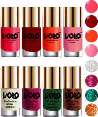 

Volo Long Lasting Glitter and HD Shine Nail Polish Combo Sets White Nail art And Glitter, Magenta Glitter, Dark Green Glitter, Light Orange Glitter, Carrot Red, Red, Coral, Light Pink(Pack of 8)