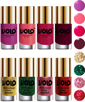 

Volo Long Lasting Glitter and HD Shine Nail Polish Combo Sets Golden Glitter, Dark Green Glitter, Pink Glitter, Red Glitter, Bright Plum, Pink Mania, Moon Magenta, Wine(Pack of 8)