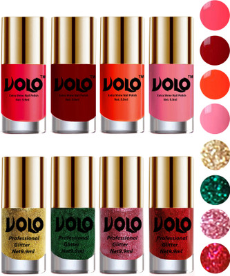 

Volo Long Lasting Glitter and HD Shine Nail Polish Combo Sets Golden Glitter, Dark Green Glitter, Pink Glitter, Red Glitter, Carrot Red, Red, Coral, Light Pink(Pack of 8)