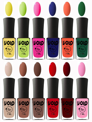 

Volo No Chipping-No Fading Longest Lasting Ever Nail Polish Set at Big Promotional Price Yellow, Parrot Green, Passion Pink, Navy Blue, Neon Orange, Green, English Nude, Nude, Brown, Blood Red, Great Maroon, Baby Pink(Pack of 12)