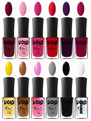 

Volo No Chipping-No Fading Longest Lasting Ever Nail Polish Set Deep Maroon, Light Pink, Magnta, Redish Orange, Dark Wine, Magnta, Metallic Light Golden, Metallic Dark Golden, Metallic Pink, Light Grey, Black, Top Coat(Pack of 12)