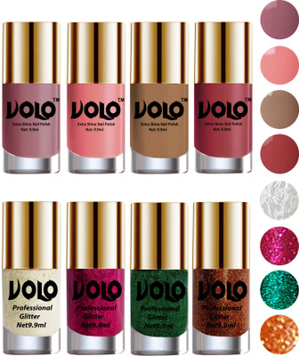 

Volo Long Lasting Glitter and HD Shine Nail Polish Combo Sets White Nail art And Glitter, Magenta Glitter, Dark Green Glitter, Light Orange Glitter, Nudes Spring, Candy Cotton, Dark Nude, Tan(Pack of 8)