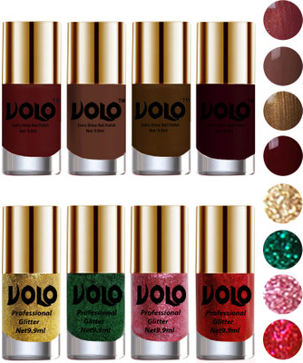 

Volo Long Lasting Glitter and HD Shine Nail Polish Combo Sets Golden Glitter, Dark Green Glitter, Pink Glitter, Red Glitter, Metallic Maroon, Chocolate Brown, Brown Coffee, Maroon(Pack of 8)