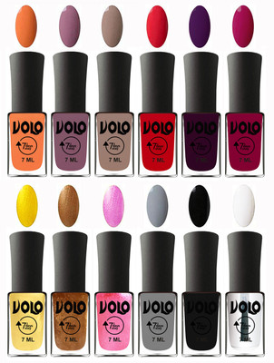 

Volo No Chipping-No Fading Longest Lasting Ever Nail Polish Set Peach, Purple, Nude, Redish Orange, Dark Wine, Magnta, Metallic Light Golden, Metallic Dark Golden, Metallic Pink, Light Grey, Black, Top Coat(Pack of 12)