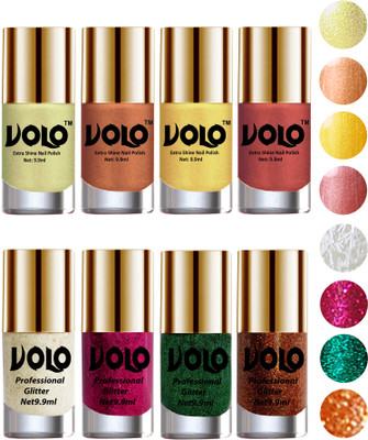 

Volo Long Lasting Glitter and HD Shine Nail Polish Combo Sets White Nail art And Glitter, Magenta Glitter, Dark Green Glitter, Light Orange Glitter, Chrome Olive Green, Bronze Magnetic, Gold Chrome, Hot Lava(Pack of 8)