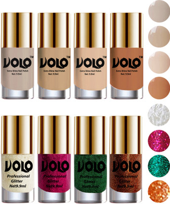 

Volo Long Lasting Glitter and HD Shine Nail Polish Combo Sets White Nail art And Glitter, Magenta Glitter, Dark Green Glitter, Light Orange Glitter, Nude Tude(Pack of 8)