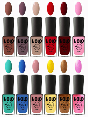 

Volo No Chipping-No Fading Longest Lasting Ever Nail Polish Set at Big Promotional Price Chocolate Brown, Light Purple, Light Nude, Blood Red, Great Maroon, Baby Pink, Fashion Green, Royal Blue, Peach Pink, Metallic Light Golden, Metallic Dark Golden, Met