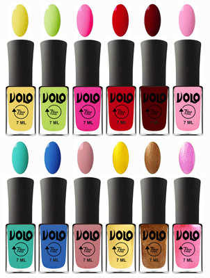 

Volo No Chipping-No Fading Longest Lasting Ever Nail Polish Set Yellow, Parrot Green, Passion Pink, Blood Red, Great Maroon, Baby Pink, Fashion Green, Royal Blue, Peach Pink, Metallic Light Golden, Metallic Dark Golden, Metallic Pink(Pack of 12)