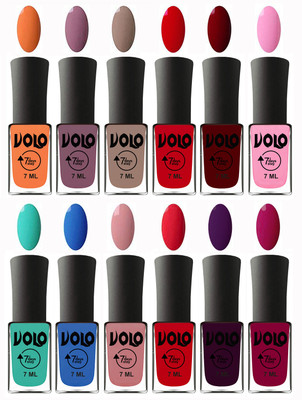 

Volo No Chipping-No Fading Longest Lasting Ever Nail Polish Set at Big Promotional Price Peach, Purple, Nude, Blood Red, Great Maroon, Baby Pink, Fashion Green, Royal Blue, Peach Pink, Redish Orange, Dark Wine, Magnta(Pack of 12)