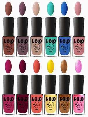 

Volo No Chipping-No Fading Longest Lasting Ever Nail Polish Set Chocolate Brown, Light Purple, Light Nude, Fashion Green, Royal Blue, Peach Pink, Magnta Fashion, Wine Maroon, Orange, Metallic Light Golden, Metallic Dark Golden, Metallic Pink(Pack of 12)