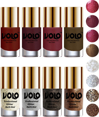 

Volo Long Lasting Glitter and HD Shine Nail Polish Combo Sets White Nail art And Glitter, Silver Glitter, Dark Grey Glitter, Light Golden Glitter, Lava Lust, Shimmer Coffee, Metallic Red, Gold, Metallic Coffee(Pack of 8)