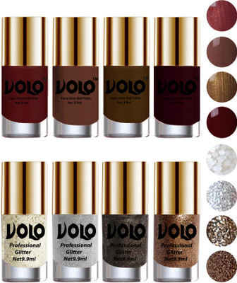 

Volo Long Lasting Glitter and HD Shine Nail Polish Combo Sets White Nail art And Glitter, Silver Glitter, Dark Grey Glitter, Light Golden Glitter, Metallic Maroon, Chocolate Brown, Brown Coffee, Maroon(Pack of 8)