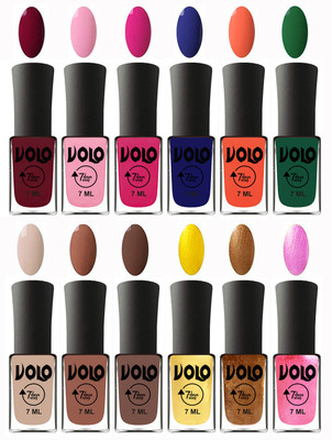 

Volo No Chipping-No Fading Longest Lasting Ever Nail Polish Set at Big Promotional Price Deep Maroon, Light Pink, Magnta, Navy Blue, Neon Orange, Green, English Nude, Nude, Brown, Metallic Light Golden, Metallic Dark Golden, Metallic Pink(Pack of 12)