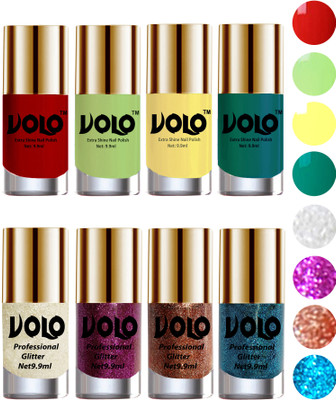 

Volo Long Lasting Glitter and HD Shine Nail Polish Combo Sets White Nail art And Glitter, Purple Glitter, Peach Glitter, Sky Blue Glitter, Reddish Orange, Parrot Green, Yellow, Radium Green(Pack of 8)