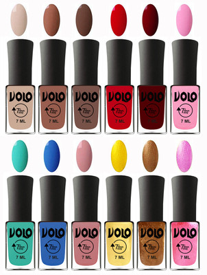 

Volo No Chipping-No Fading Longest Lasting Ever Nail Polish Set at Big Promotional Price English Nude, Nude, Brown, Blood Red, Great Maroon, Baby Pink, Fashion Green, Royal Blue, Peach Pink, Metallic Light Golden, Metallic Dark Golden, Metallic Pink(Pack 