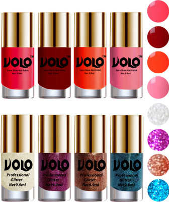 

Volo Long Lasting Glitter and HD Shine Nail Polish Combo Sets White Nail art And Glitter, Purple Glitter, Peach Glitter, Sky Blue Glitter, Carrot Red, Red, Coral, Light Pink(Pack of 8)