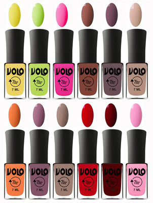 

Volo No Chipping-No Fading Longest Lasting Ever Nail Polish Set Yellow, Parrot Green, Passion Pink, Chocolate Brown, Light Purple, Light Nude, Peach, Purple, Nude, Blood Red, Great Maroon, Baby Pink(Pack of 12)
