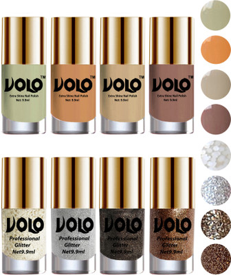 

Volo Long Lasting Glitter and HD Shine Nail Polish Combo Sets White Nail art And Glitter, Silver Glitter, Dark Grey Glitter, Light Golden Glitter, Mischievous Mint, Flirty Nude, Nude, Dark Nude(Pack of 8)