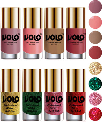 

Volo Long Lasting Glitter and HD Shine Nail Polish Combo Sets Golden Glitter, Dark Green Glitter, Pink Glitter, Red Glitter, Nudes Spring, Candy Cotton, Dark Nude, Tan(Pack of 8)