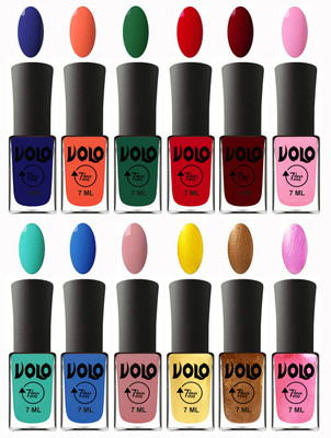 

Volo No Chipping-No Fading Longest Lasting Ever Nail Polish Set at Big Promotional Price Navy Blue, Neon Orange, Green, Blood Red, Great Maroon, Baby Pink, Fashion Green, Royal Blue, Peach Pink, Metallic Light Golden, Metallic Dark Golden, Metallic Pink(P