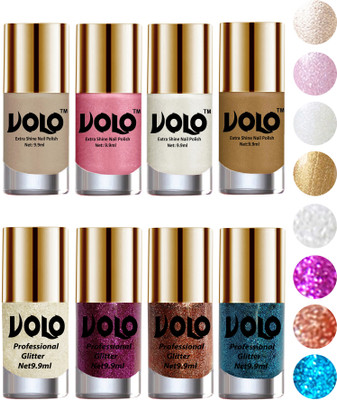 

Volo Long Lasting Glitter and HD Shine Nail Polish Combo Sets White Nail art And Glitter, Purple Glitter, Peach Glitter, Sky Blue Glitter, Chrome Rust, Metallic Pink, Pearly White Chrome, Golden(Pack of 8)