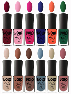

Volo No Chipping-No Fading Longest Lasting Ever Nail Polish Set at Big Promotional Price Deep Maroon, Light Pink, Magnta, Navy Blue, Neon Orange, Green, English Nude, Nude, Brown, Light Blue, Skin Nude, Chocolate Peach(Pack of 12)