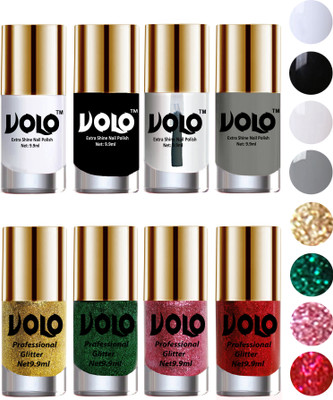 

Volo Long Lasting Glitter and HD Shine Nail Polish Combo Sets Golden Glitter, Dark Green Glitter, Pink Glitter, Red Glitter, Matte White, Black, Extra Shine Top Coat, Grey(Pack of 8)