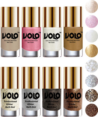 

Volo Long Lasting Glitter and HD Shine Nail Polish Combo Sets White Nail art And Glitter, Silver Glitter, Dark Grey Glitter, Light Golden Glitter, Chrome Rust, Metallic Pink, Pearly White Chrome, Golden(Pack of 8)