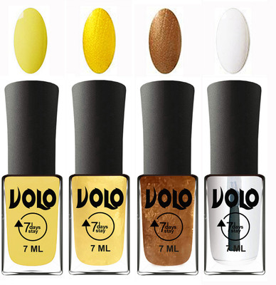 

Volo Ultra Lasting HD Shine Awesome Nail Polish Combo Yellow, Metallic Light Golden, Metallic Dark Golden, Top Coat(Pack of 4)