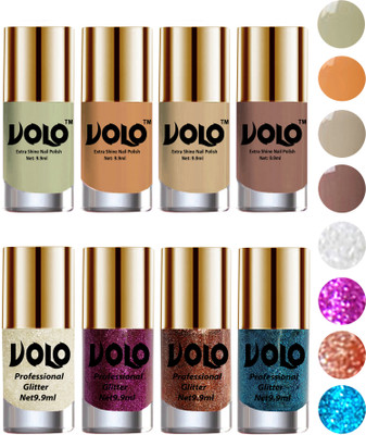 

Volo Long Lasting Glitter and HD Shine Nail Polish Combo Sets White Nail art And Glitter, Purple Glitter, Peach Glitter, Sky Blue Glitter, Mischievous Mint, Flirty Nude, Nude, Dark Nude(Pack of 8)