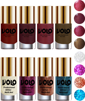 

Volo Long Lasting Glitter and HD Shine Nail Polish Combo Sets White Nail art And Glitter, Purple Glitter, Peach Glitter, Sky Blue Glitter, Lava Lust, Shimmer Coffee, Metallic Red, Gold, Metallic Coffee(Pack of 8)