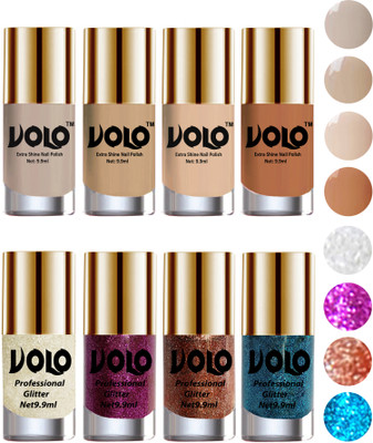 

Volo Long Lasting Glitter and HD Shine Nail Polish Combo Sets White Nail art And Glitter, Purple Glitter, Peach Glitter, Sky Blue Glitter, Nude Tude(Pack of 8)