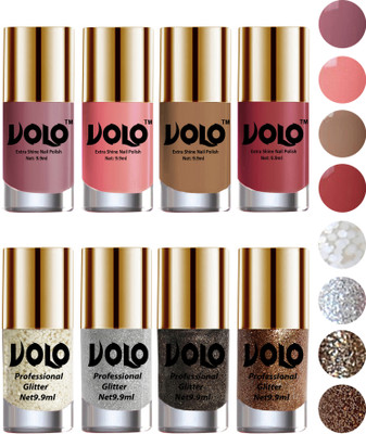 

Volo Long Lasting Glitter and HD Shine Nail Polish Combo Sets White Nail art And Glitter, Silver Glitter, Dark Grey Glitter, Light Golden Glitter, Nudes Spring, Candy Cotton, Dark Nude, Tan(Pack of 8)