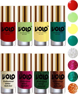 

Volo Long Lasting Glitter and HD Shine Nail Polish Combo Sets White Nail art And Glitter, Magenta Glitter, Dark Green Glitter, Light Orange Glitter, Reddish Orange, Parrot Green, Yellow, Radium Green(Pack of 8)