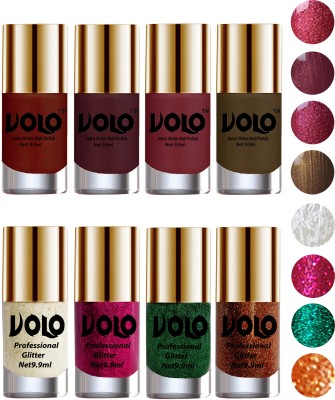 

Volo Long Lasting Glitter and HD Shine Nail Polish Combo Sets White Nail art And Glitter, Magenta Glitter, Dark Green Glitter, Light Orange Glitter, Lava Lust, Shimmer Coffee, Metallic Red, Gold, Metallic Coffee(Pack of 8)