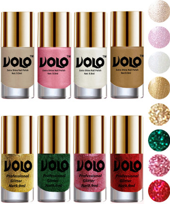 

Volo Long Lasting Glitter and HD Shine Nail Polish Combo Sets Golden Glitter, Dark Green Glitter, Pink Glitter, Red Glitter, Chrome Rust, Metallic Pink, Pearly White Chrome, Golden(Pack of 8)
