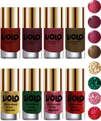 

Volo Long Lasting Glitter and HD Shine Nail Polish Combo Sets Golden Glitter, Dark Green Glitter, Pink Glitter, Red Glitter, Lava Lust, Shimmer Coffee, Metallic Red, Gold, Metallic Coffee(Pack of 8)