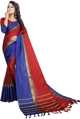 HashTag Fashion Solid, Applique, Paisley, Hand Painted, Digital Prints, Checkered, Embellished, Geometric Print, Self Design Banarasi Cotton Silk, Cotton, Silk Saree(Red, Blue) Flipkart